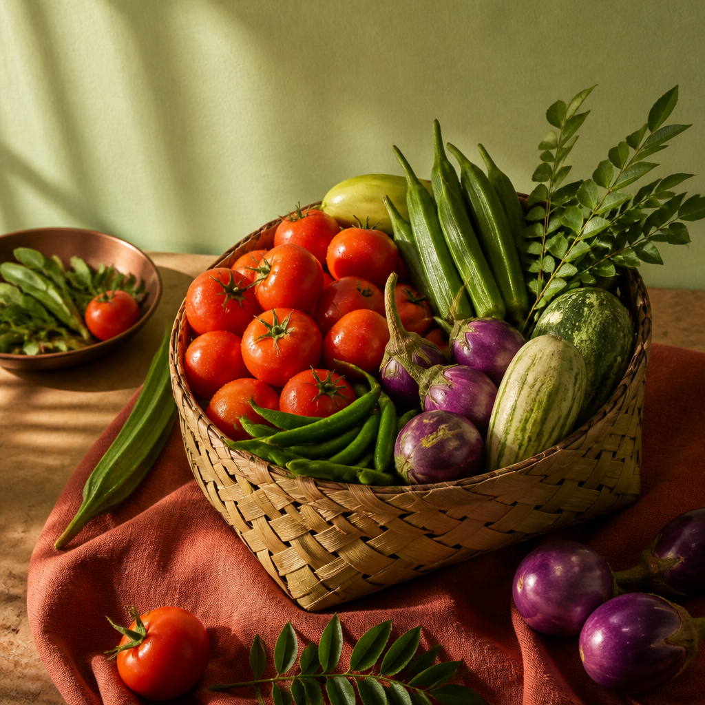 A basket of freshly harvested South Indian vegetables
